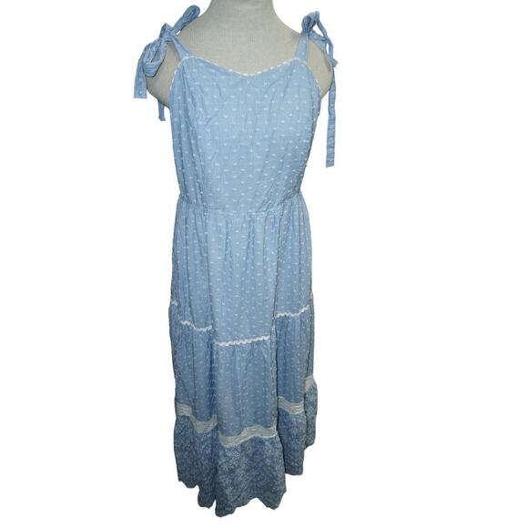 Shabby Chic Blue Polka Dot Tie Strap Midi Dress Size 10 Boho Cottagecore - Picture 2 of 5